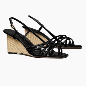 Tory Burch Black Patent Strappy Raffia Wedge Sandals